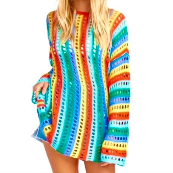 Show Me Your MuMu Sweaters - Show Me Your MuMu Cruz Rainbow Striped Perforated Colorful Knit Crochet Sweater